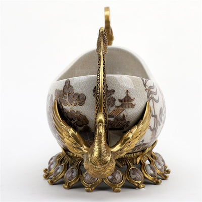 Porcelain Village Pattern Boat Shaped Basin With Swan Figure With Bronze Ormolu L366