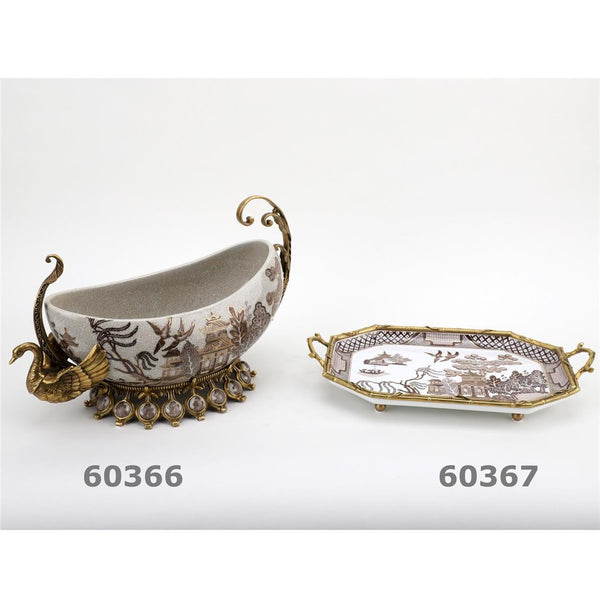 Porcelain Village Pattern Boat Shaped Basin With Swan Figure With Bronze Ormolu L366