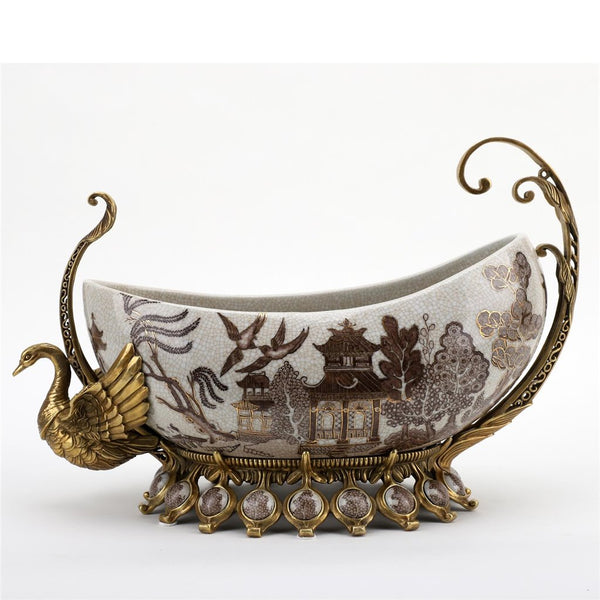Porcelain Village Pattern Boat Shaped Basin With Swan Figure With Bronze Ormolu L366