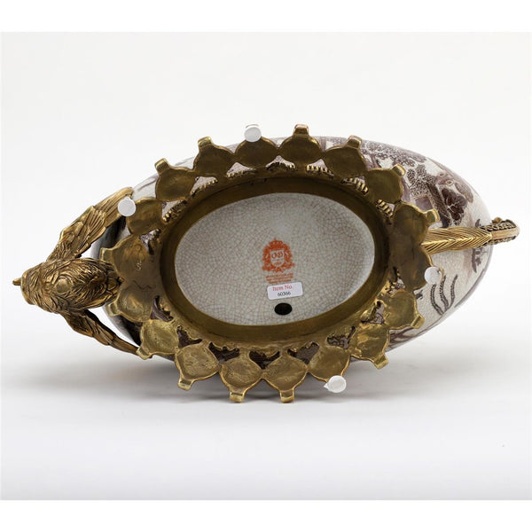 Porcelain Village Pattern Boat Shaped Basin With Swan Figure With Bronze Ormolu L366