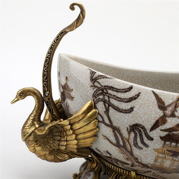 Porcelain Village Pattern Boat Shaped Basin With Swan Figure With Bronze Ormolu L366