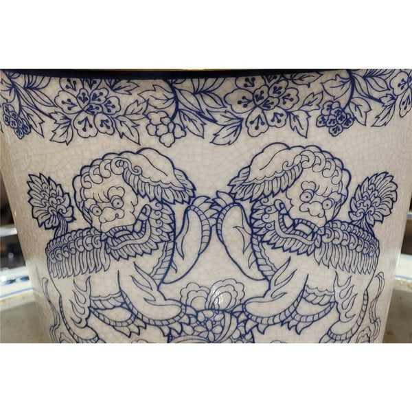 Blue and White Lucky Foo Dogs Pattern Oval Basin With Bronze Ormolu