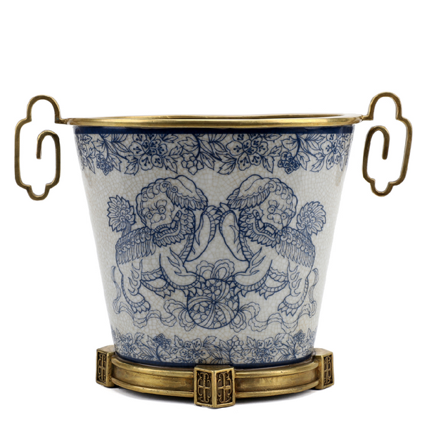 Blue and White Lucky Foo Dogs Pattern Oval Basin With Bronze Ormolu