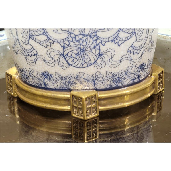 Blue and White Lucky Foo Dogs Pattern Oval Basin With Bronze Ormolu
