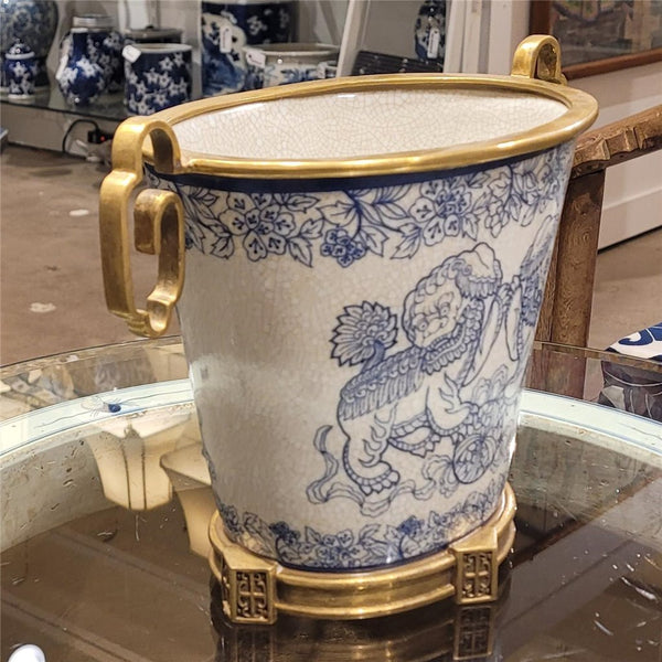 Blue and White Lucky Foo Dogs Pattern Oval Basin With Bronze Ormolu