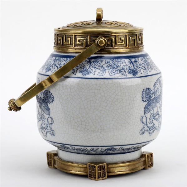 PORCELAIN IN BRONZE ORMOLU CHINESE FOO DOGS LIONS LIDDED BOX JAR BLUE & WHITE