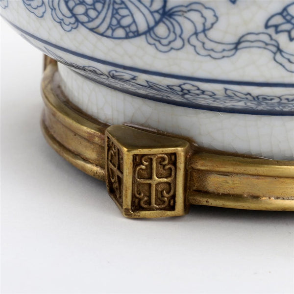 PORCELAIN IN BRONZE ORMOLU CHINESE FOO DOGS LIONS LIDDED BOX JAR BLUE & WHITE