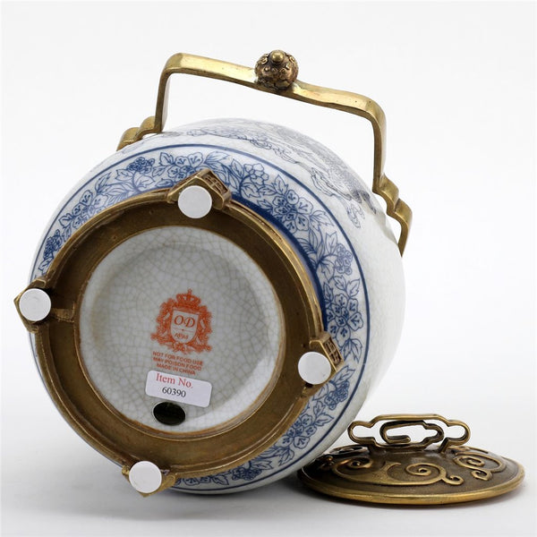 PORCELAIN IN BRONZE ORMOLU CHINESE FOO DOGS LIONS LIDDED BOX JAR BLUE & WHITE