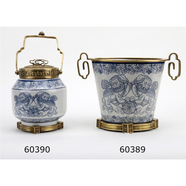 PORCELAIN IN BRONZE ORMOLU CHINESE FOO DOGS LIONS LIDDED BOX JAR BLUE & WHITE