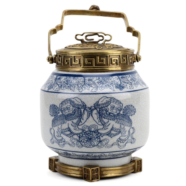 PORCELAIN IN BRONZE ORMOLU CHINESE FOO DOGS LIONS LIDDED BOX JAR BLUE & WHITE