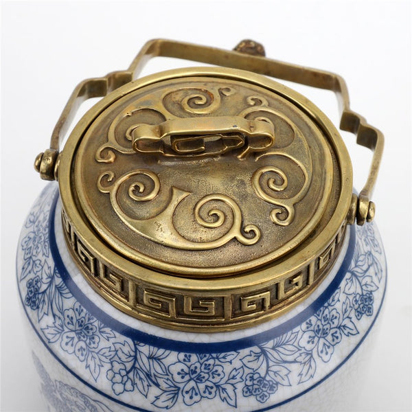 PORCELAIN IN BRONZE ORMOLU CHINESE FOO DOGS LIONS LIDDED BOX JAR BLUE & WHITE