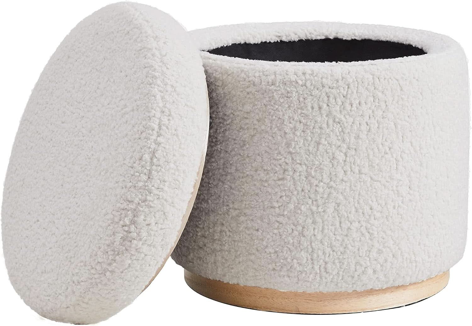 Cream Sherpa Deluxe Storage Ottoman Solidwood Base