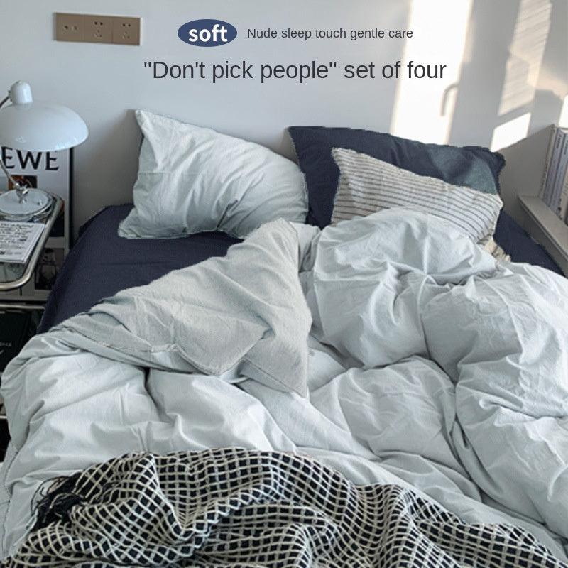 Solid Color Simple Four-Piece Set Flannel Quilt Cover INS Style Quilt Cover Dormitory Summer Washed Cotton Bedding Three-Piece Set