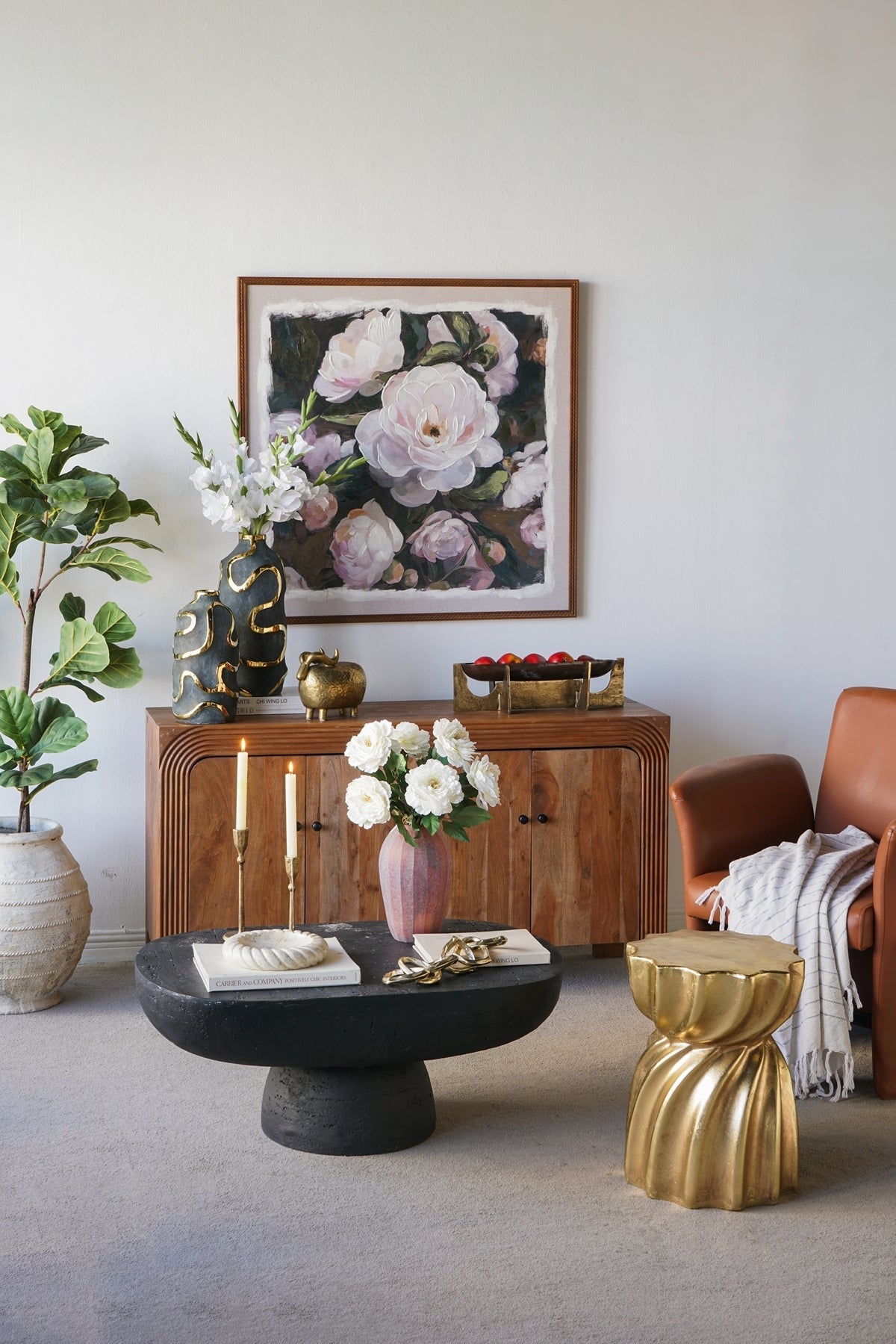 14x14x18.7' Gold Magnesium Accent Stool with Sculptural Swirl Design, Contemporary Side Table, Decorative Display Stand, or Extra Seating Option