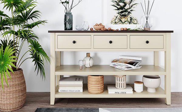Retro Design Console Table with Two Open Shelves, Pine Solid Wood Frame and Legs for Living Room (Espresso+Beige)