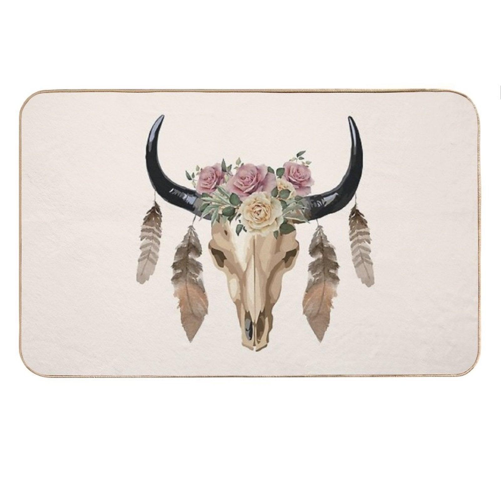 Cow Skull And Crown Leaves And Butterflies Bath Mat