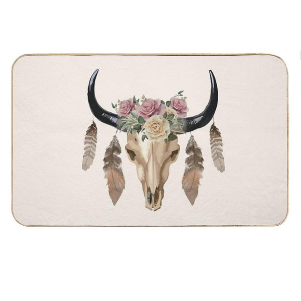 Cow Skull And Crown Leaves And Butterflies Bath Mat