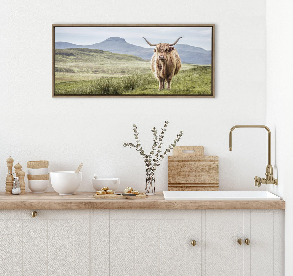 Sylvie Highland Cow Mountain Landscape Framed Canvas by The Creative Bunch Studio