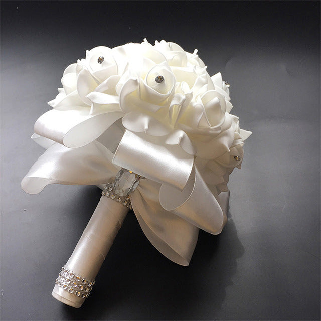 White Ivory Bridal Bridesmaid Flower Wedding Bouquet Artificial Flower Rose Bouquet Crystal Bridal Bouquets