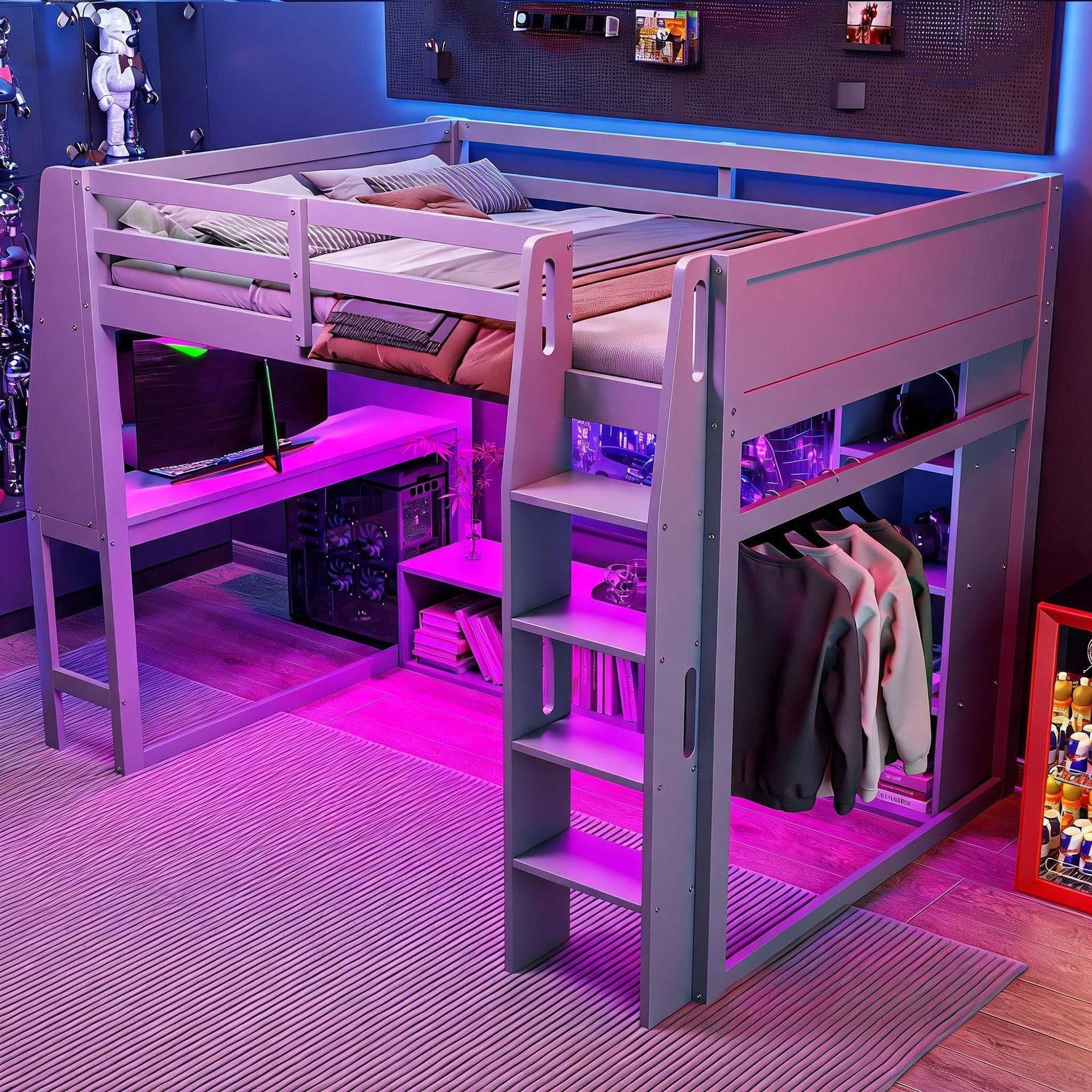 Wood Full Size Gaming Loft Bed with Desk and Multi-Storage Shelves