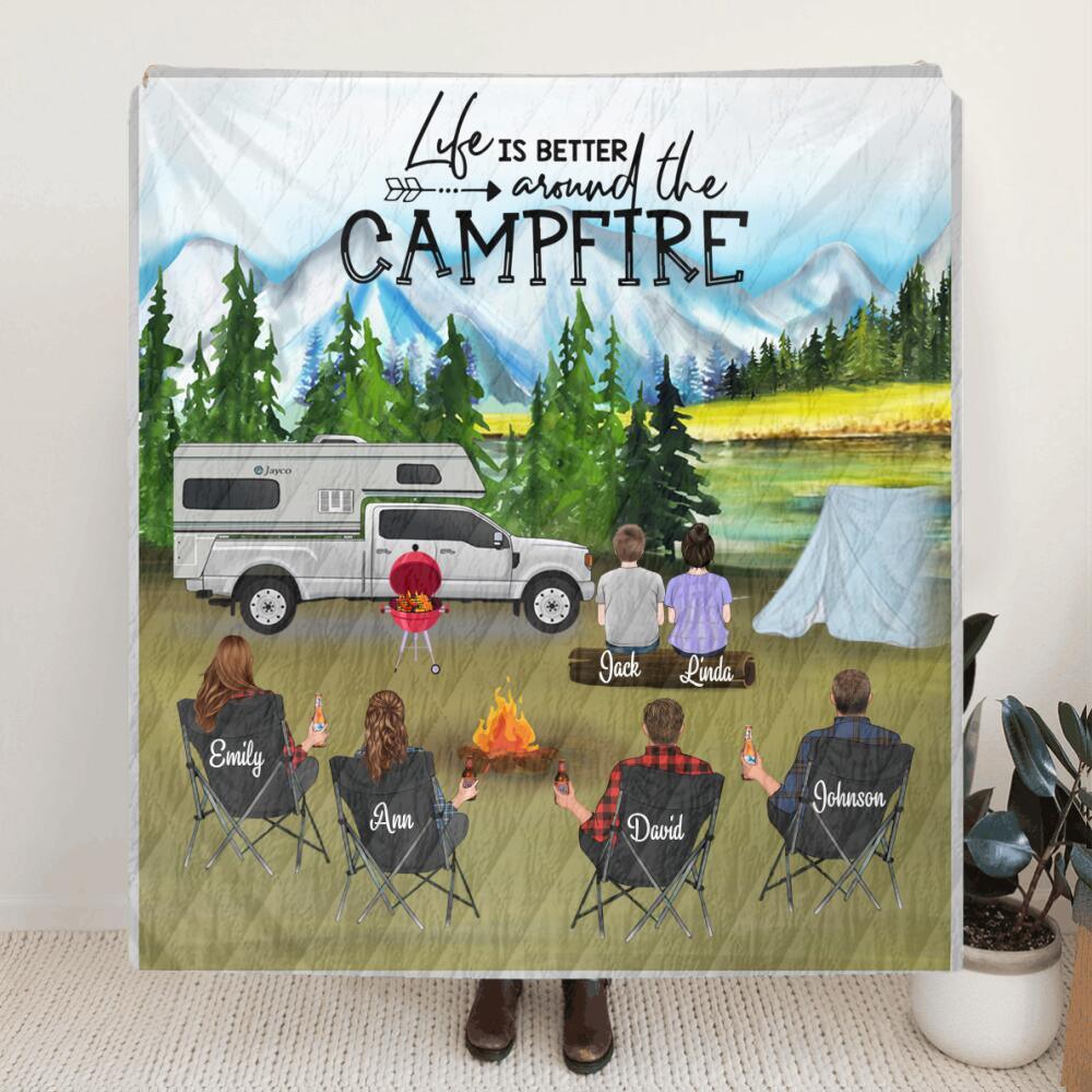 Personalized camping quilt blanket - 4 adults with 2 kids mountain camping quilt - gift idea for family, camping lovers - Life Is Better Around The Campfire
