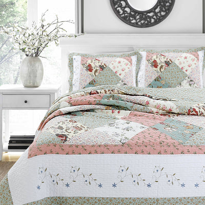 Grace Celadon Real Patchwork Embroidered Scalloped Edge Cotton Reversible Quilt Bedding Set