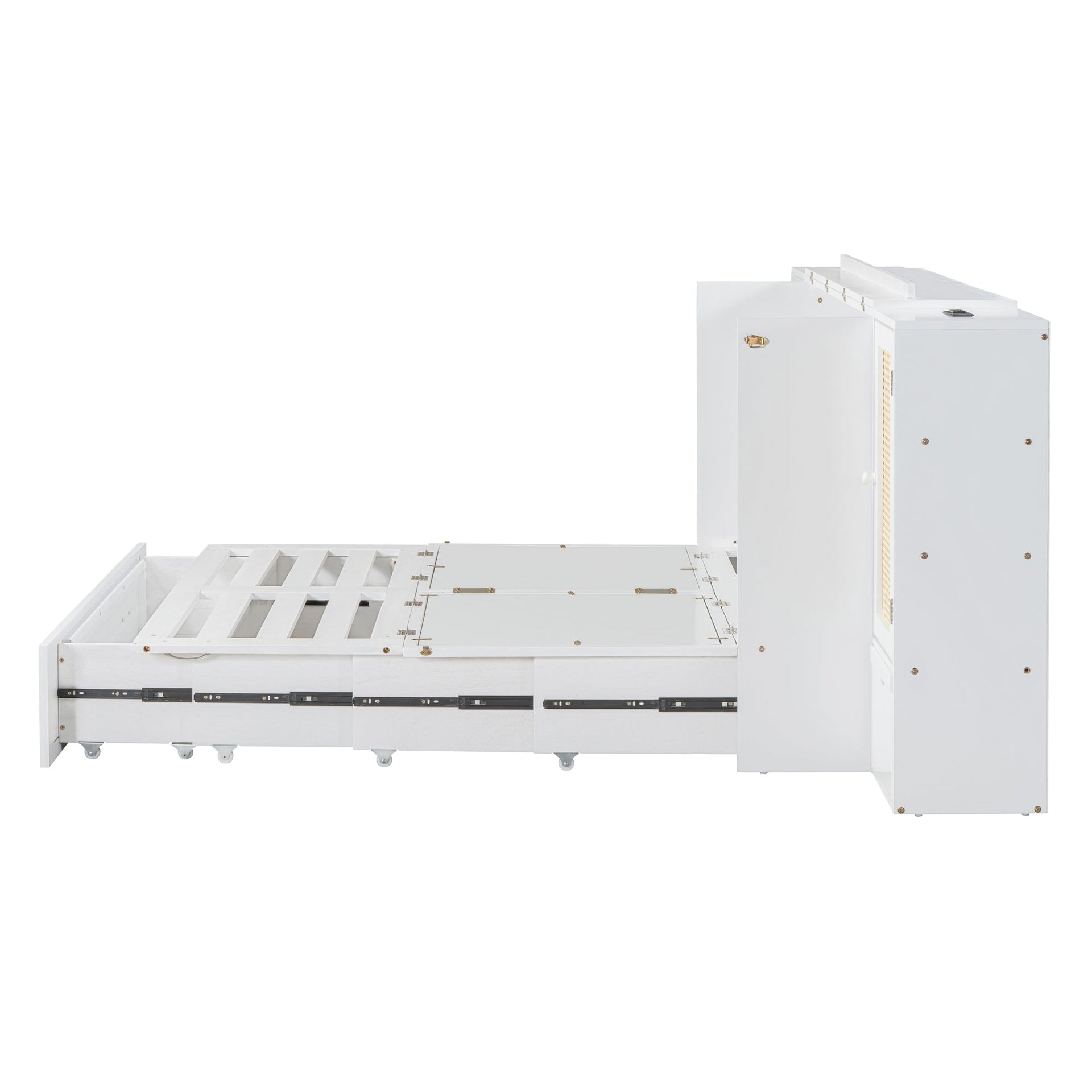 Large Murphy bed wall mounted bed with drawers, 2 storage cabinets, 1 set of sockets and USB ports, white