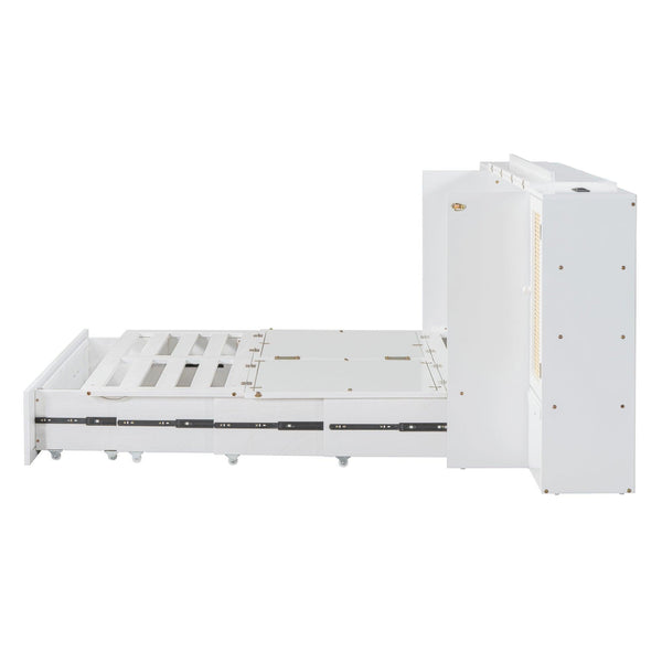 Large Murphy bed wall mounted bed with drawers, 2 storage cabinets, 1 set of sockets and USB ports, white