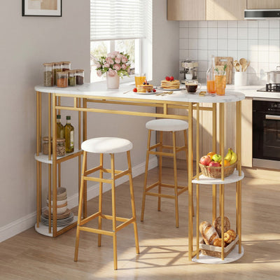 60 Inch Dining Table and 2 Upholstered Barstools with Faux Marble Tabletop-White