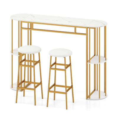 60 Inch Dining Table and 2 Upholstered Barstools with Faux Marble Tabletop-White