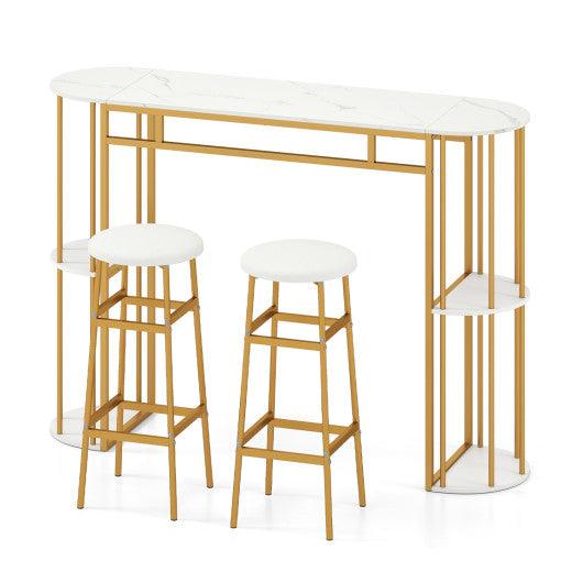 60 Inch Dining Table and 2 Upholstered Barstools with Faux Marble Tabletop-White