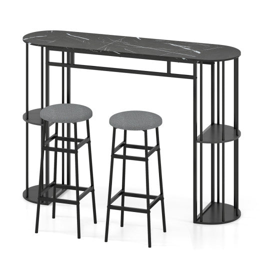 60 Inch Dining Table and 2 Upholstered Barstools with Faux Marble Tabletop-Gray