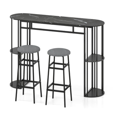60 Inch Dining Table and 2 Upholstered Barstools with Faux Marble Tabletop-Gray