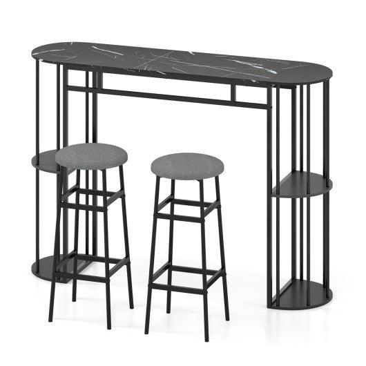 60 Inch Dining Table and 2 Upholstered Barstools with Faux Marble Tabletop-Gray