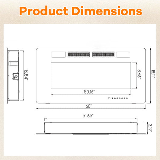42/50/60/72 Inch Ultra-Thin Electric Fireplace with Decorative Crystals-60 inches