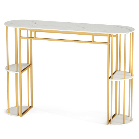 60 Inch Long Bar Table Narrow with Faux Marble Tabletop and Storage Shelves-White