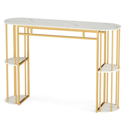60 Inch Long Bar Table Narrow with Faux Marble Tabletop and Storage Shelves-White