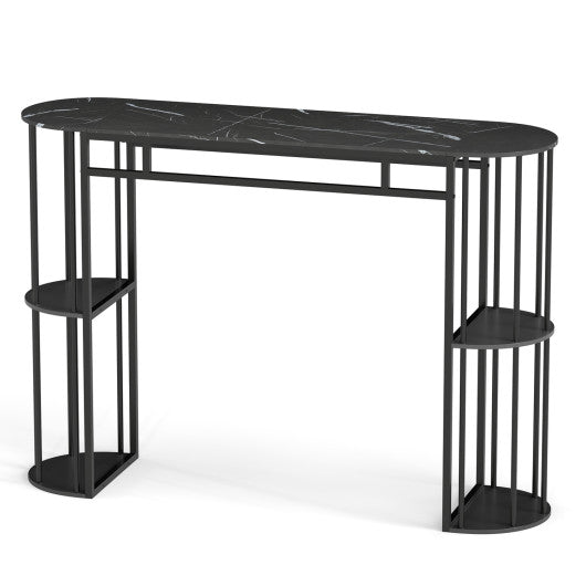 60 Inch Long Bar Table Narrow with Faux Marble Tabletop and Storage Shelves-Black