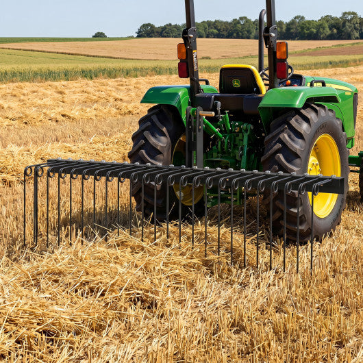 60 inch Pine Straw Rake Tow Behind Landscape Rake with 26 Metal Coil Tines-Black