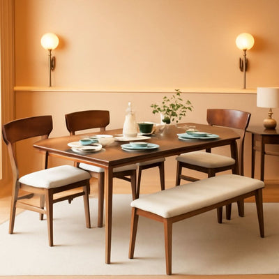 Walnut Rubberwood Dining Set With Upholstered Bench