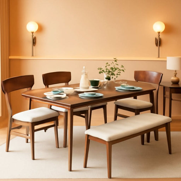 Walnut Rubberwood Dining Set With Upholstered Bench