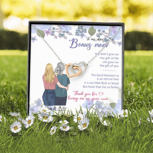 Personalized Message Card Interlocking Heart Necklace Jewelry - Best Gift For Mother's Day - To My Bonus Mom