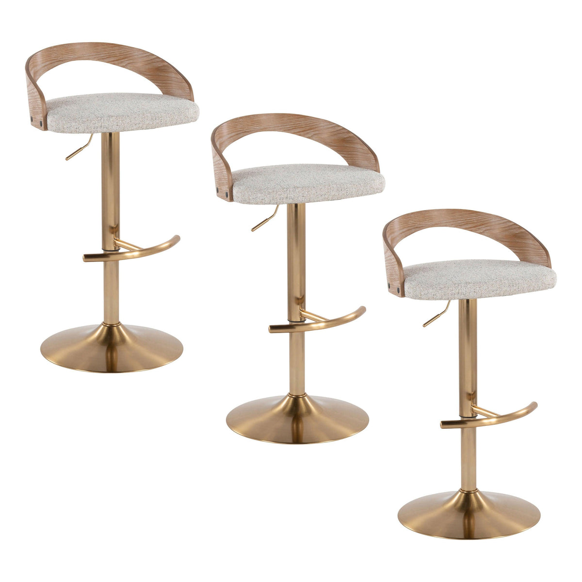 Modern White Upholstered Adjustable Bar Stools with Gold Base – 360° Swivel, Set of 3
