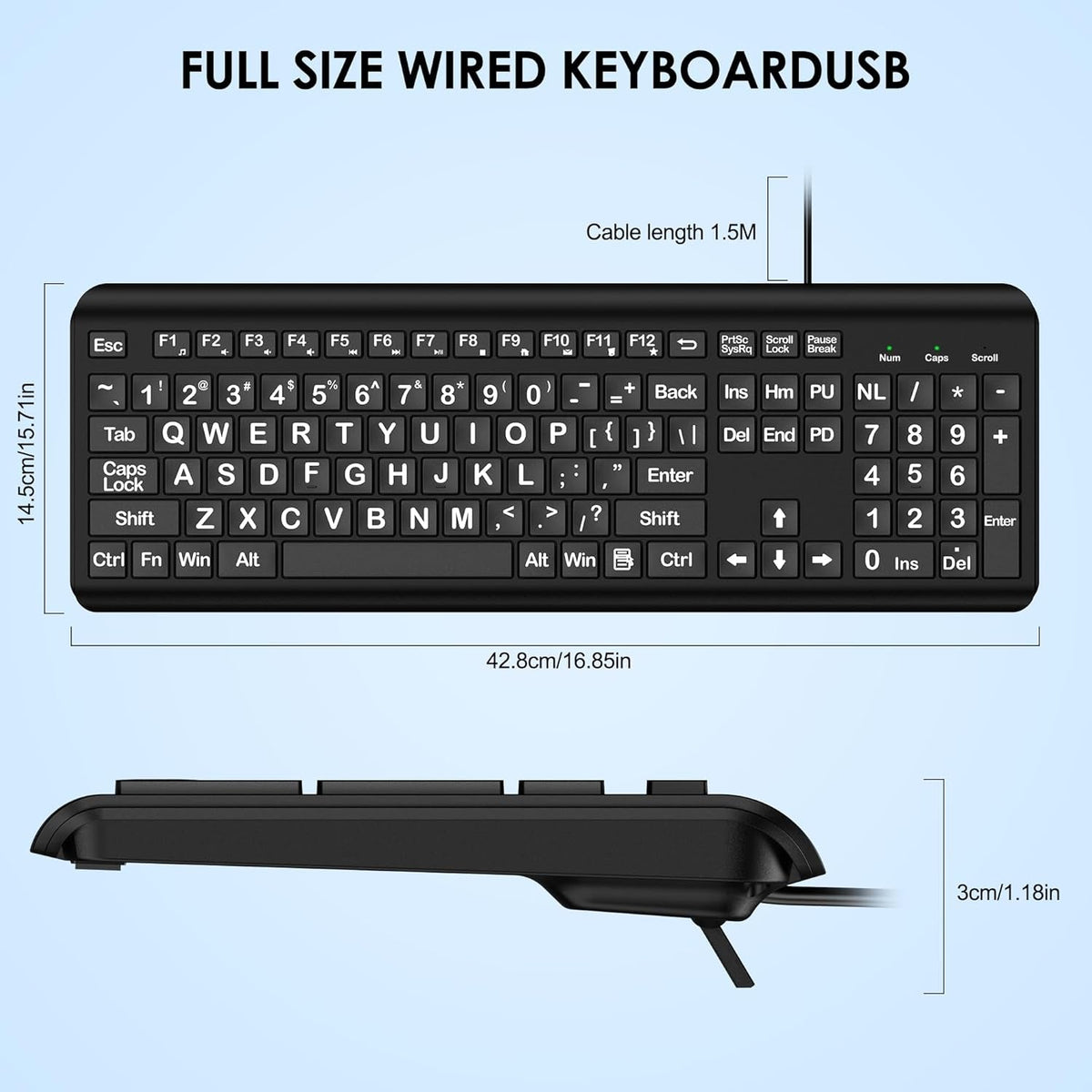 Large Print Wired Keyboard – 4X Oversized Letters for Visually Impaired, Seniors & Beginners