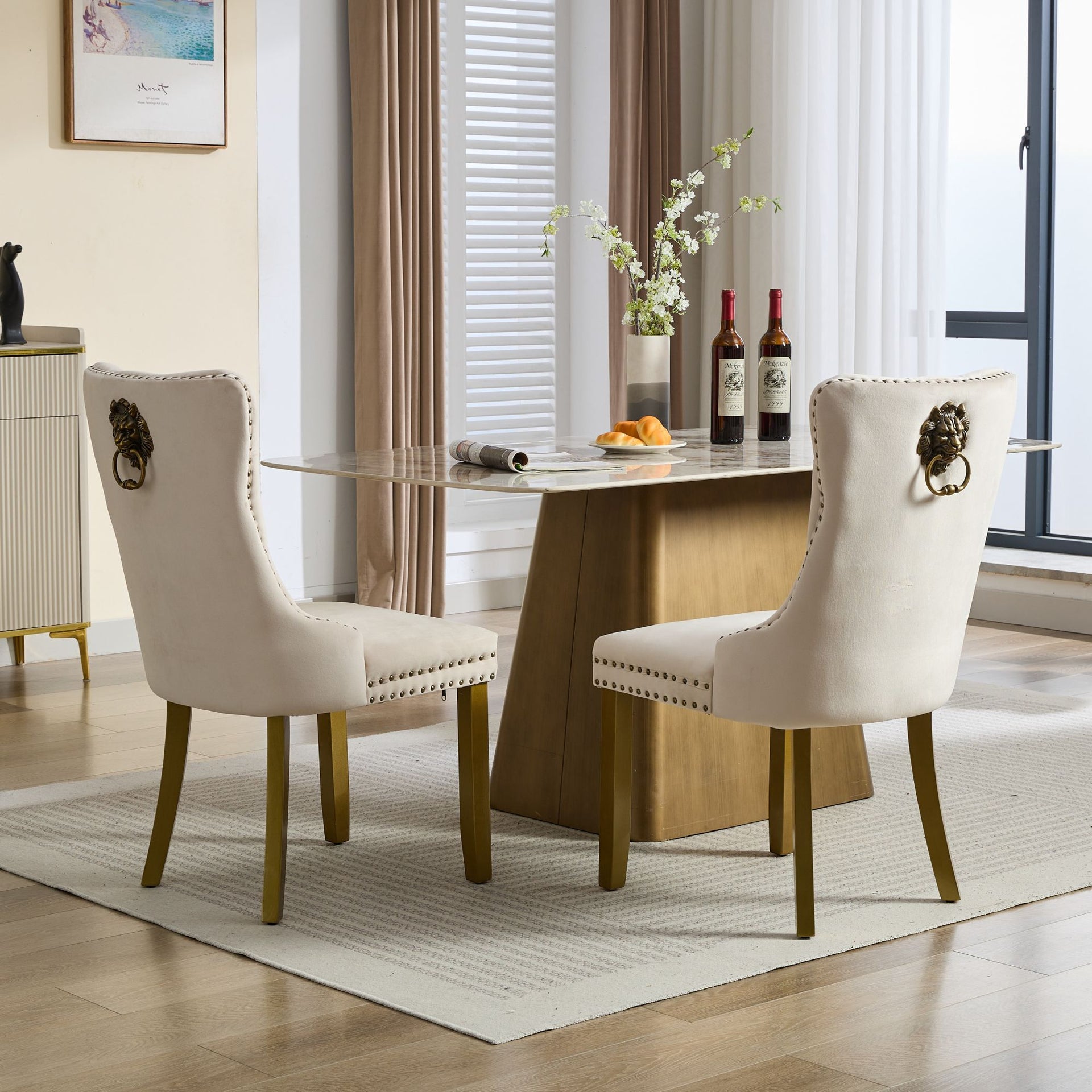 Mid-Century Modern Tufted Velvet Dining Chairs with Lion Head Pull Ring and Nailhead Trim