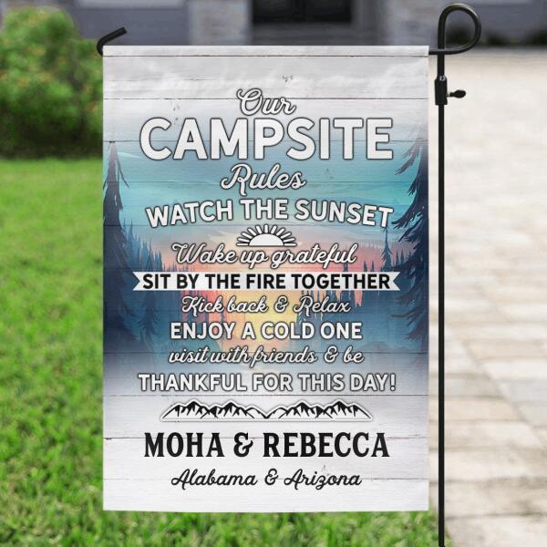 Personalized Camping Garden Flag - Gift For Couple, Camping Lovers - Our Campsite Rules Watch The Sunset