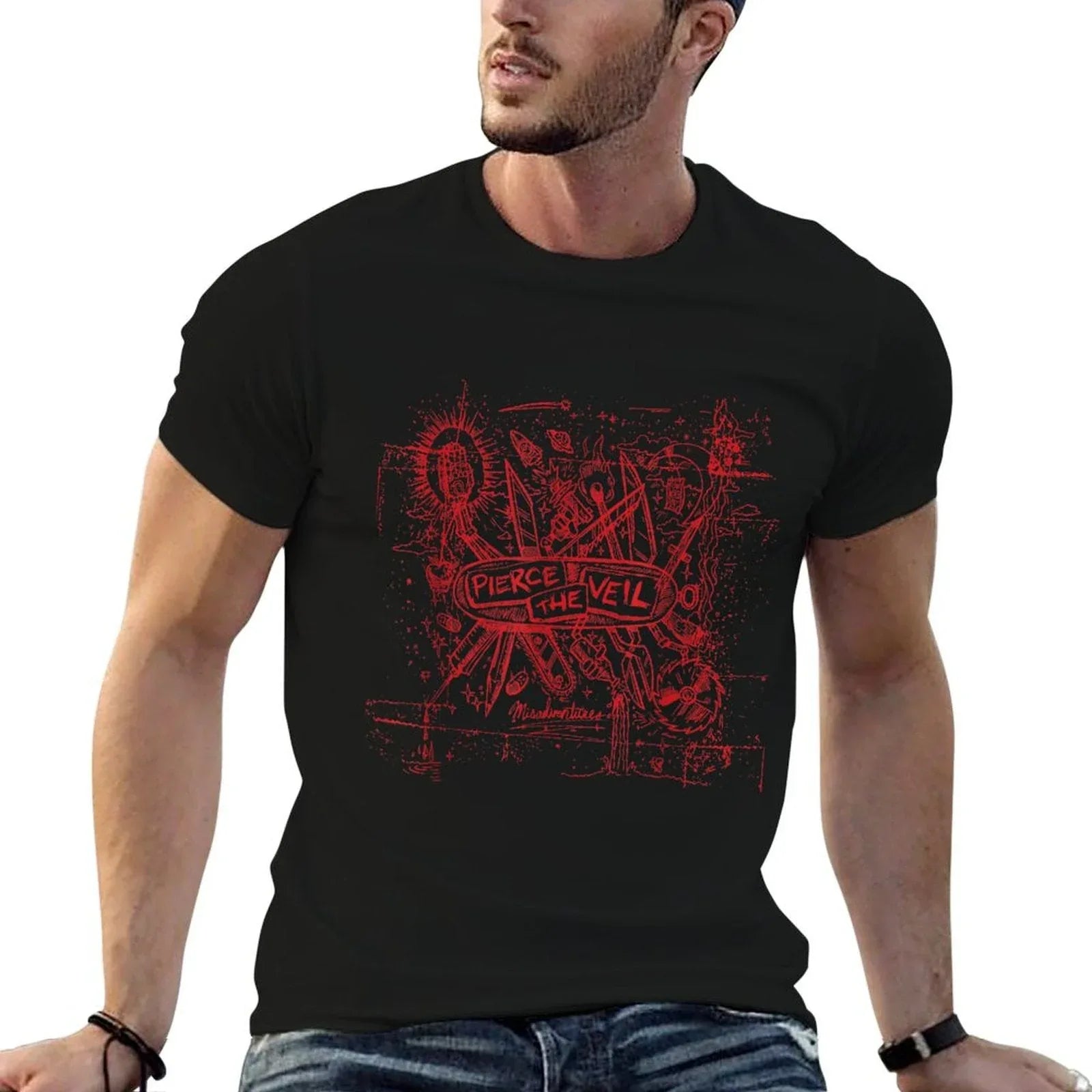 Pierce The Veil - Misadventures Cover in Red Print  Heathered Texture T-Shirt