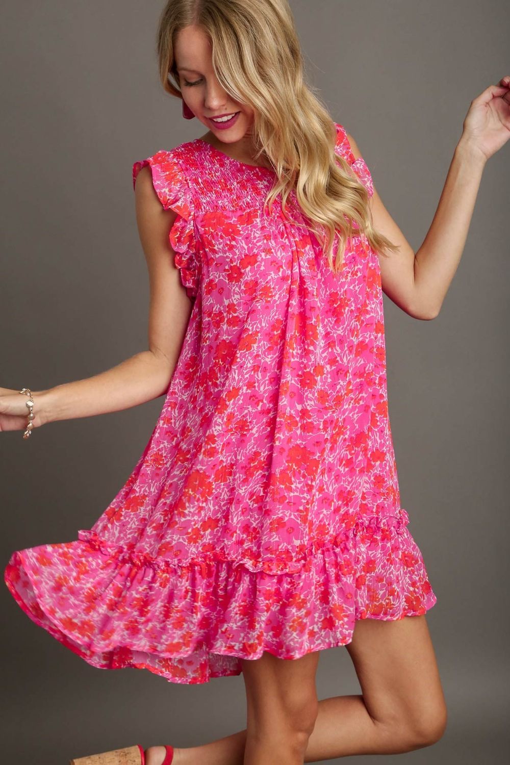 Pink Full Size Smocked Detail Floral Ruffle Cap Sleeve Dress Plus Size Glamorous & Feminine Dress