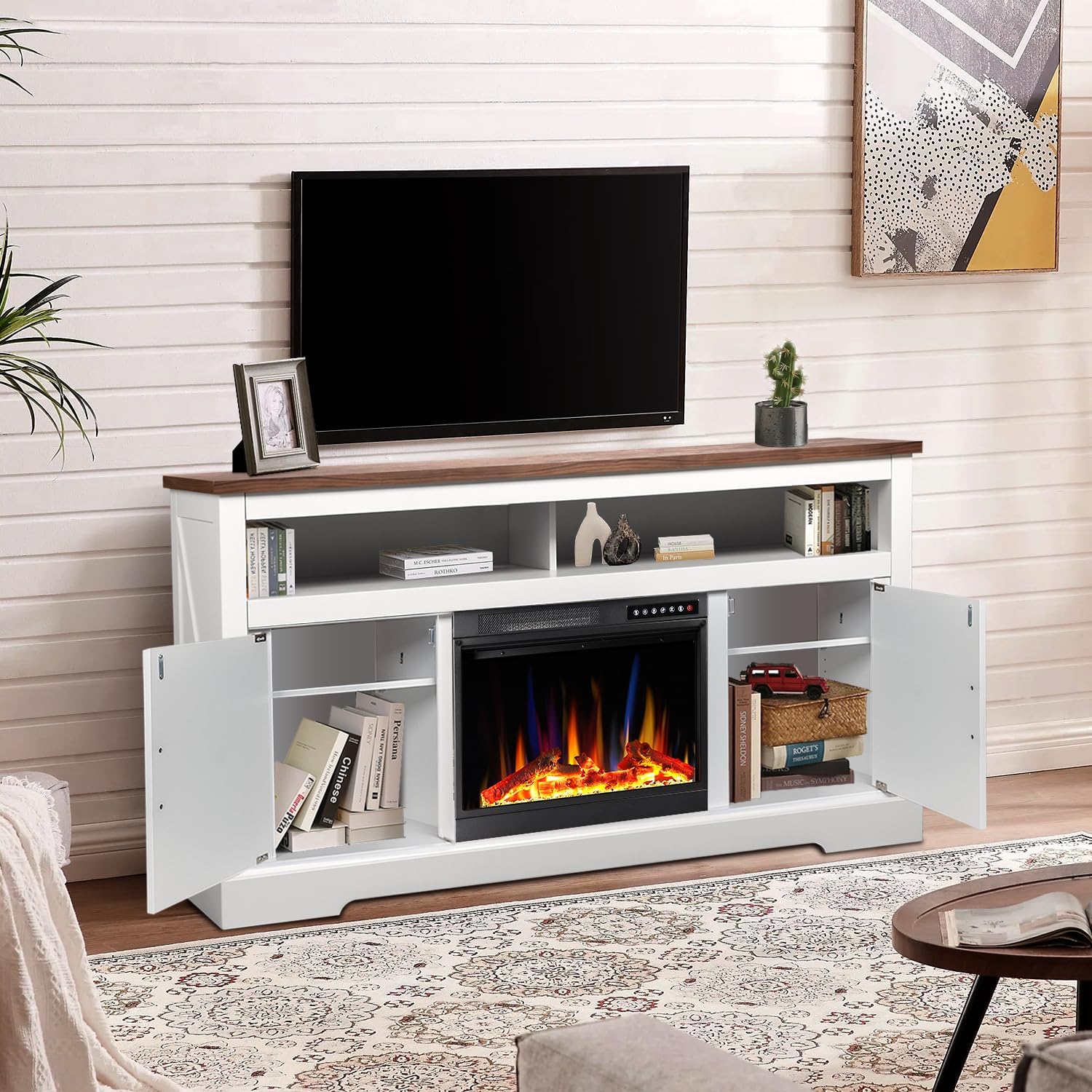 60''Fireplace TV Stand with Freestanding Electric Fireplace & Wooden Storage Cabinet M2301 Kismile