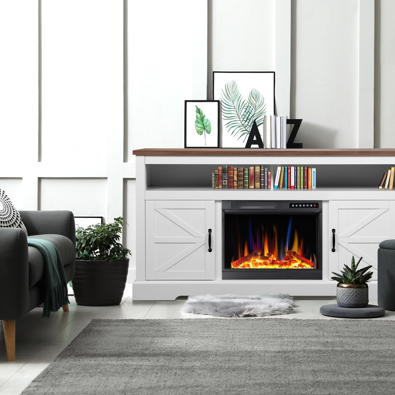 60''Fireplace TV Stand with Freestanding Electric Fireplace & Wooden Storage Cabinet M2301 Kismile